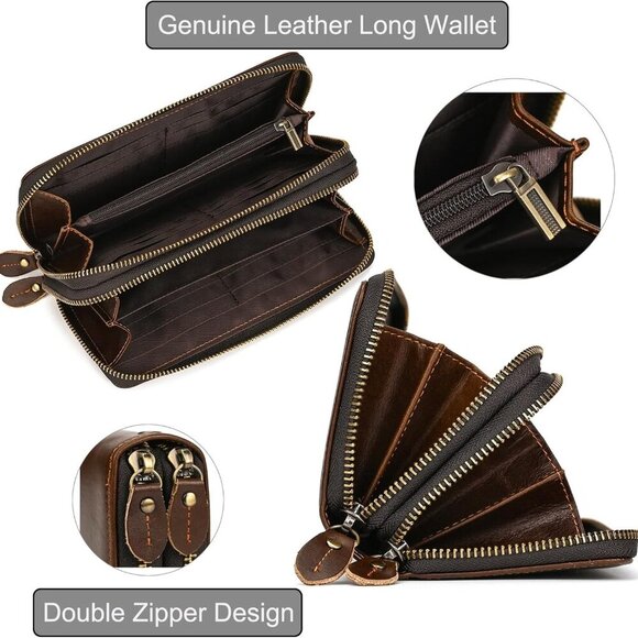 Multi-Functional Genuine Leather Wallet for Men - Compact Dual-Zippered Design - Picture 3 of 9